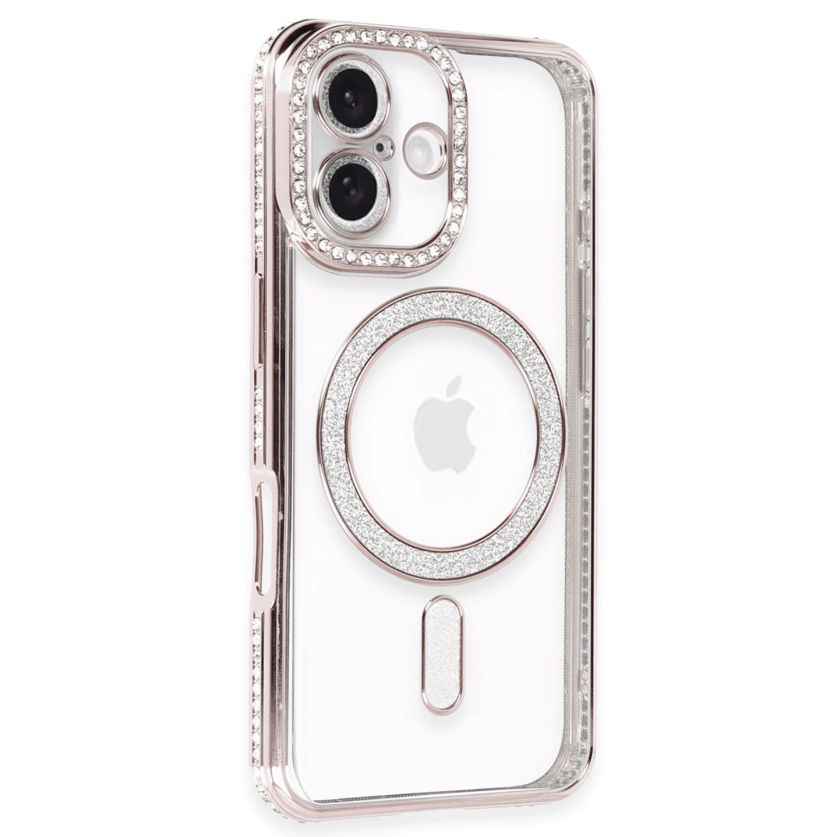 Rose altın kenarlı ve taşlı şeffaf iPhone kılıfı.