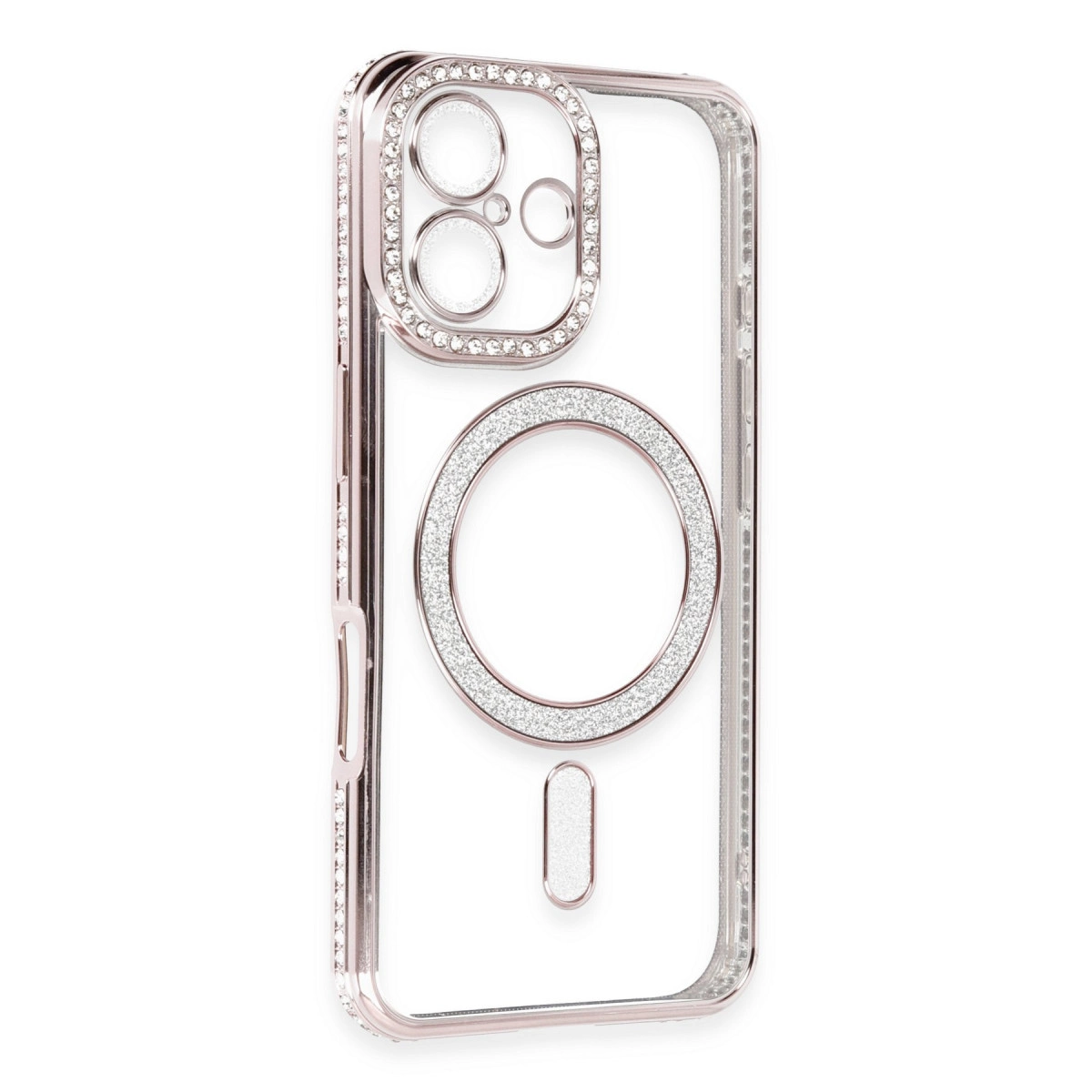 Rhinestone'lu ve rose altın kenarlı şeffaf telefon kılıfı.