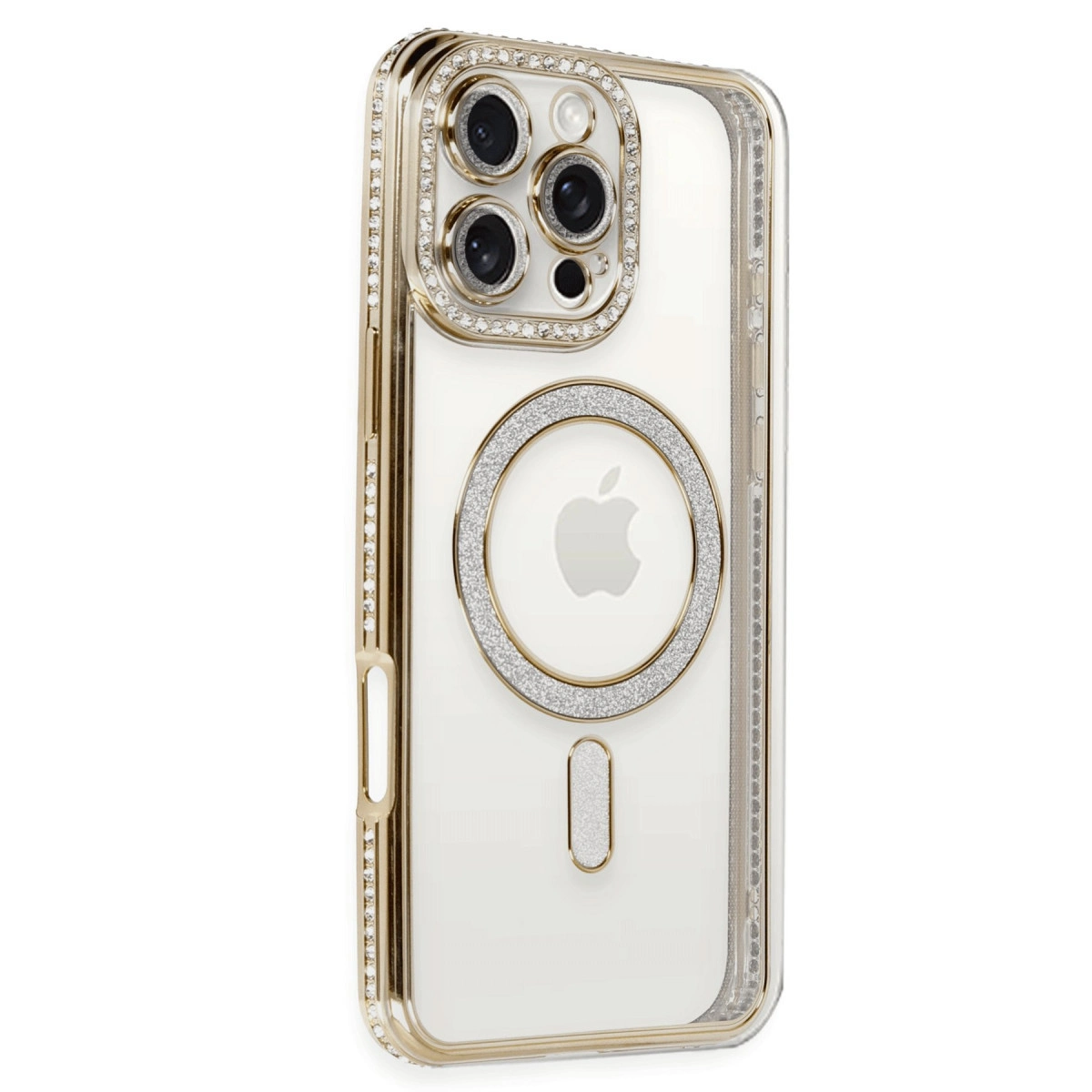 Altın kenarlı ve taşlı şeffaf iPhone kılıfı.
