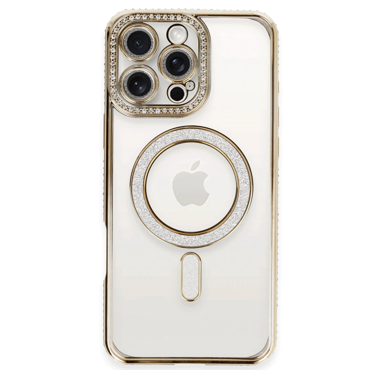 Simli ve Apple logolu altın iPhone kılıfı.