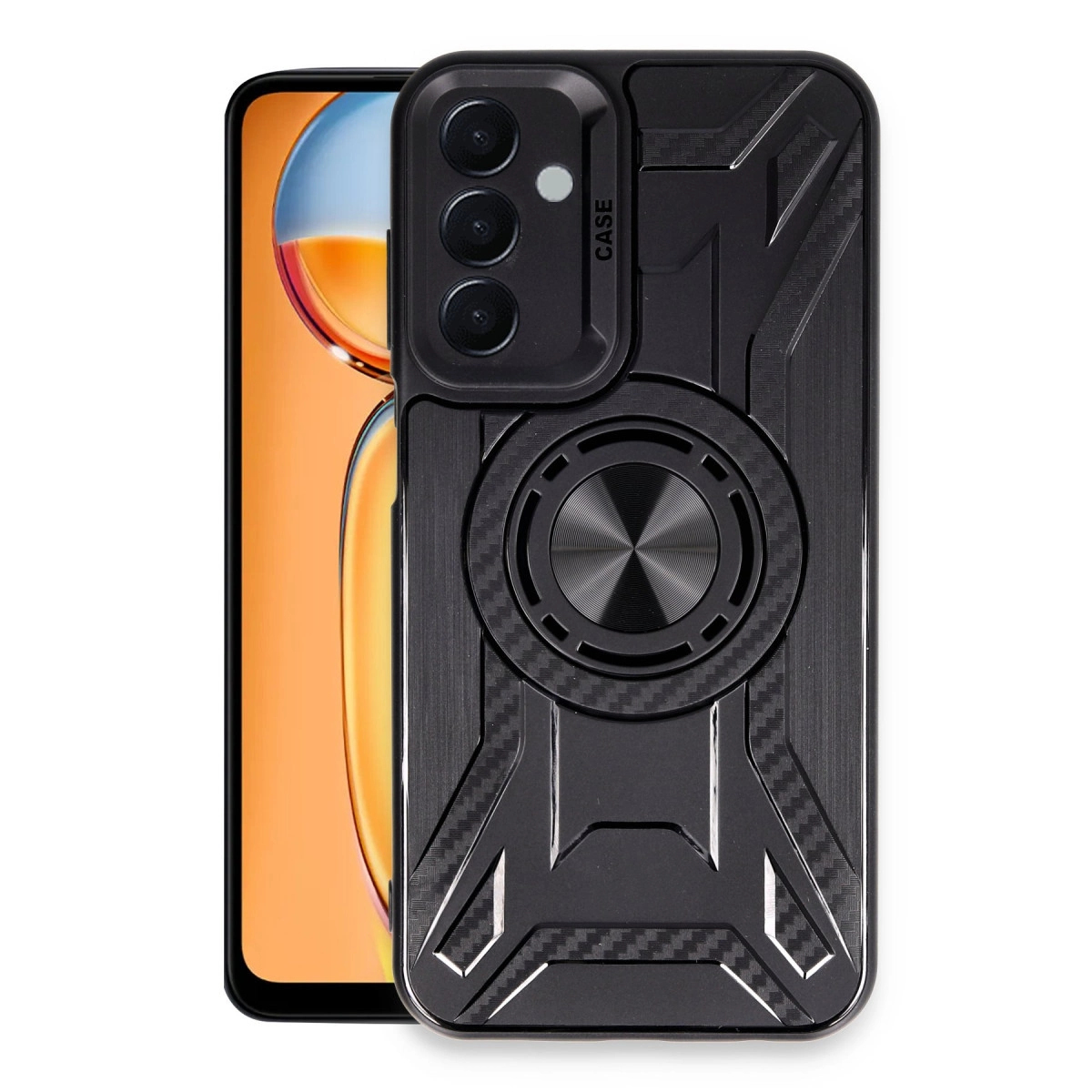 Turuncu arka plan üzerinde kamera modülü ve halka tutuculu siyah telefon.