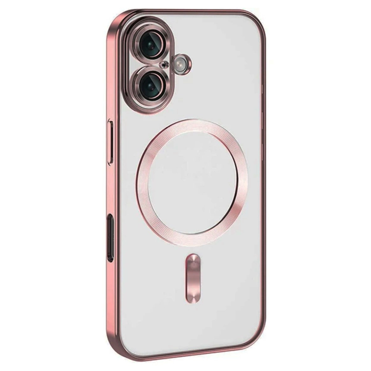 Pembe altın çerçeveli, kameralı, manyetik halkalı şeffaf telefon kılıfı.
