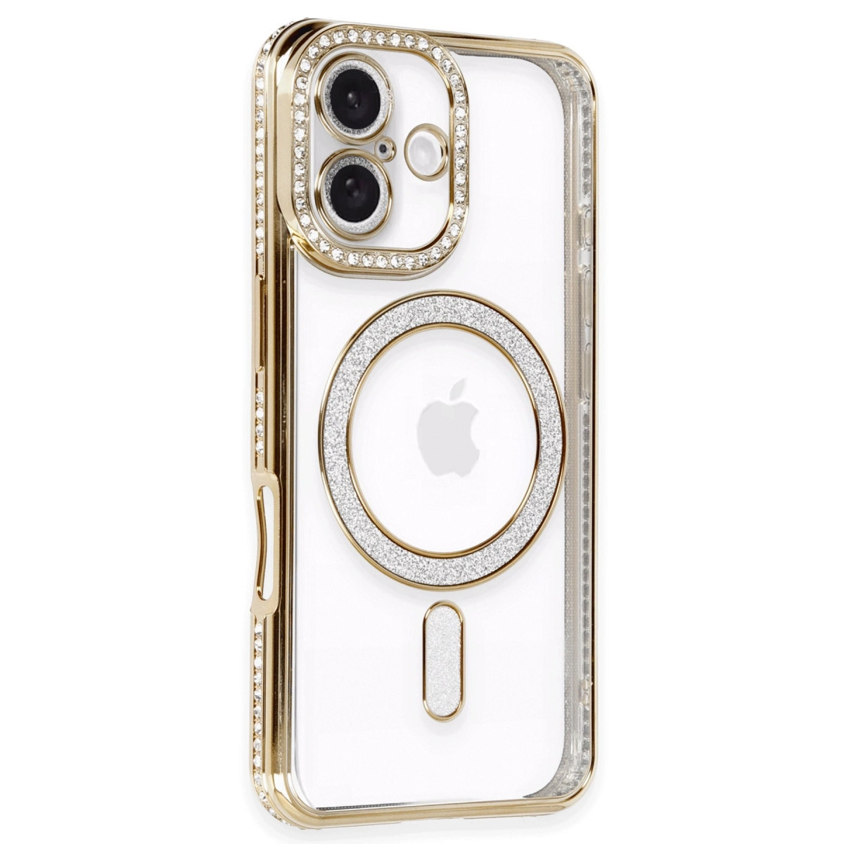 Taşlı, kamera halkalı ve Apple logolu altın iPhone kılıfı.