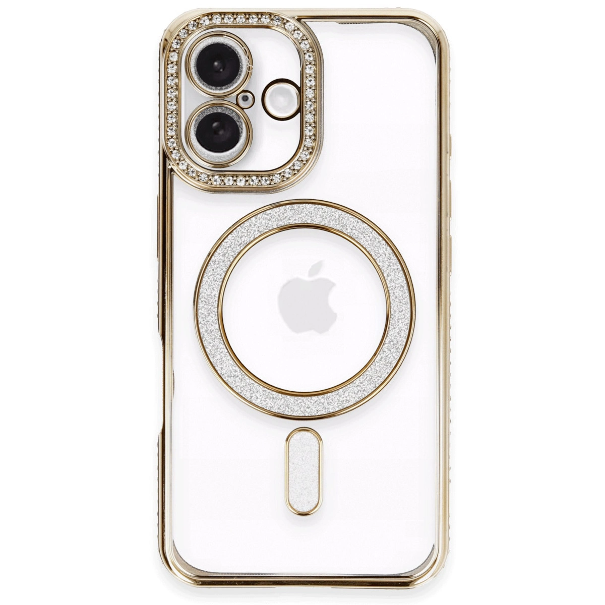 Kamera ve Apple logosu çevresinde sim ve elmas detaylı altın rengi telefon kılıfı.