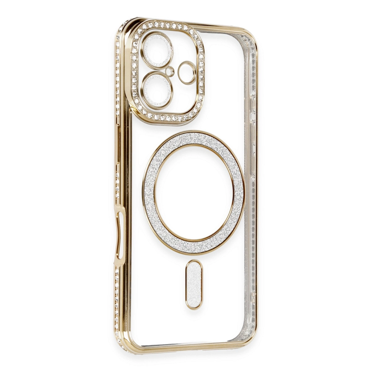 Altın rengi iPhone kılıfı parlak vurgular ve kamera çerçevesi.