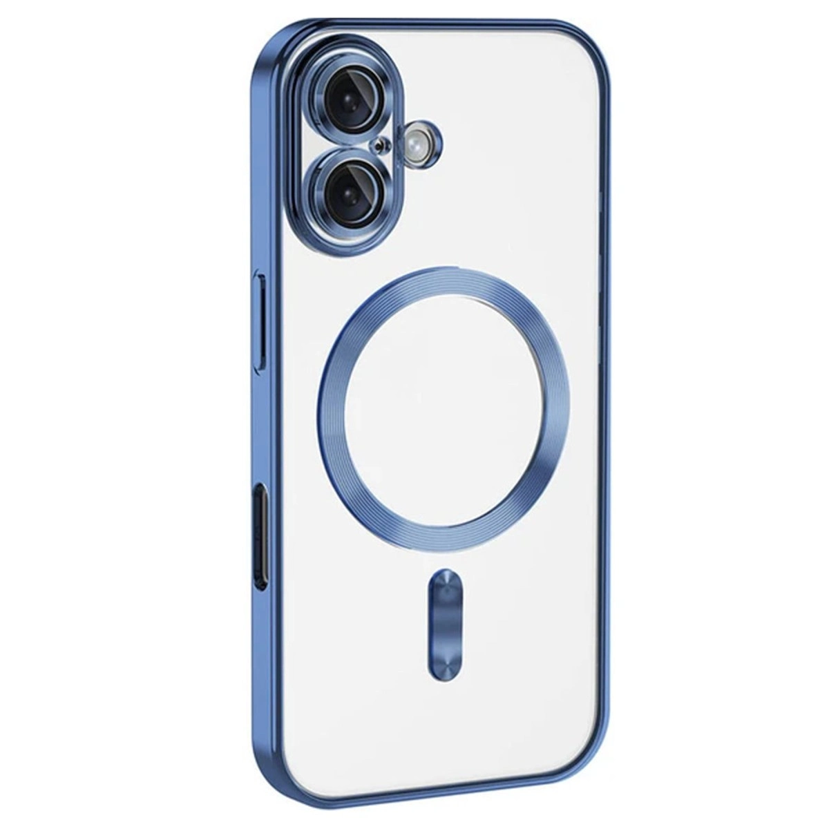 Mavi metal çerçeveli ve kamera modüllü şeffaf telefon kılıfı.