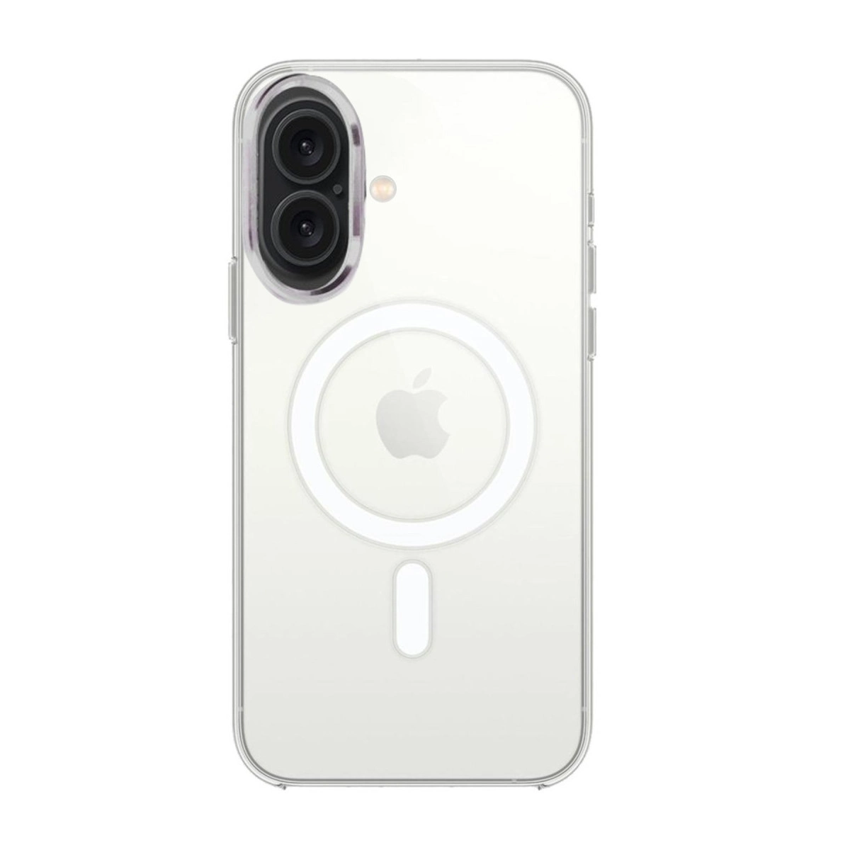 Kamera, Apple logosu ve manyetik halka içeren şeffaf telefon kılıfı.