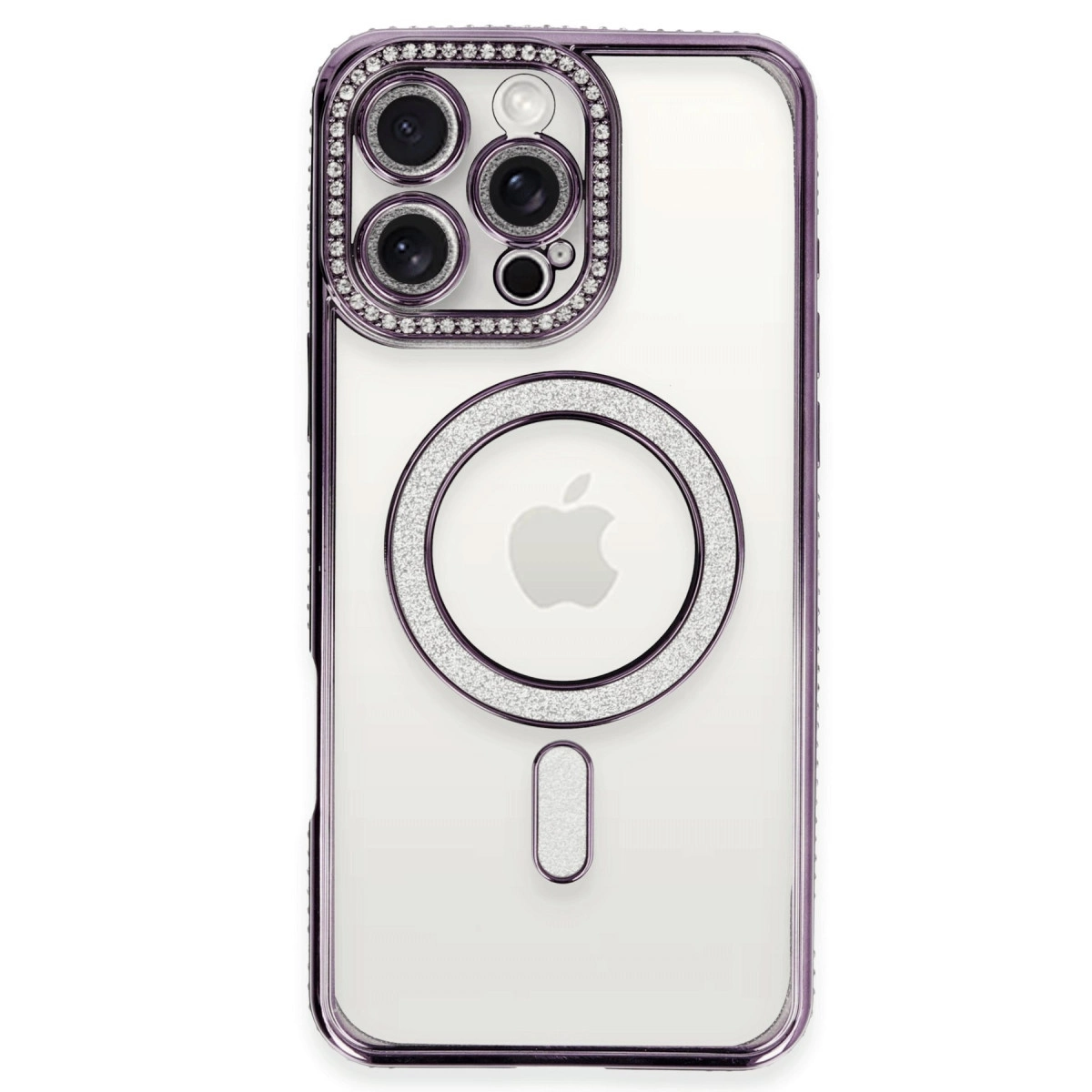 Taşlı, kameralı ve Apple logolu mor iPhone kılıfı.