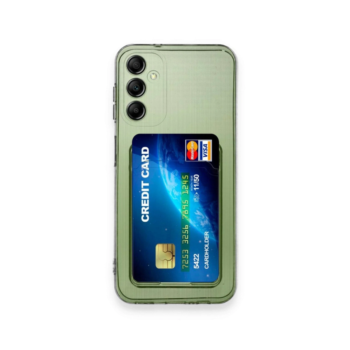 Tutucuda kredi kartı bulunan yeşil telefon kılıfı. MasterCard ve Visa logoları.