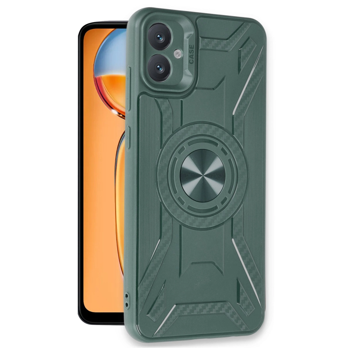 Beyaz arka plan üzerinde halka tutuculu ve kamera korumalı yeşil telefon kılıfı.