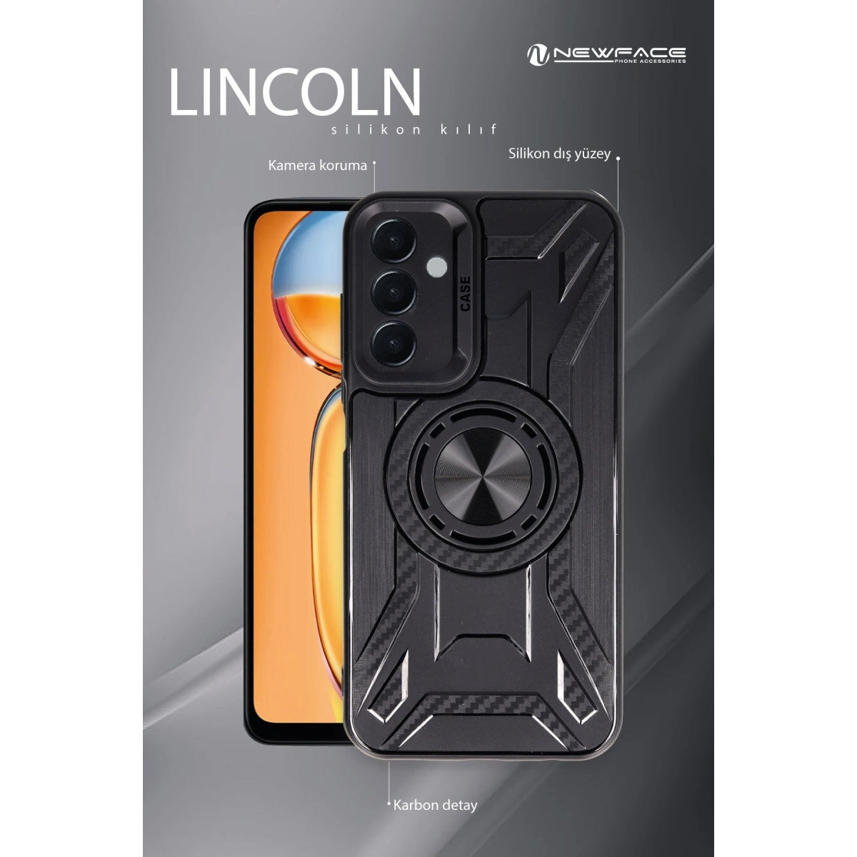 Halka tutuculu ve karbon detaylı siyah telefon kılıfı.