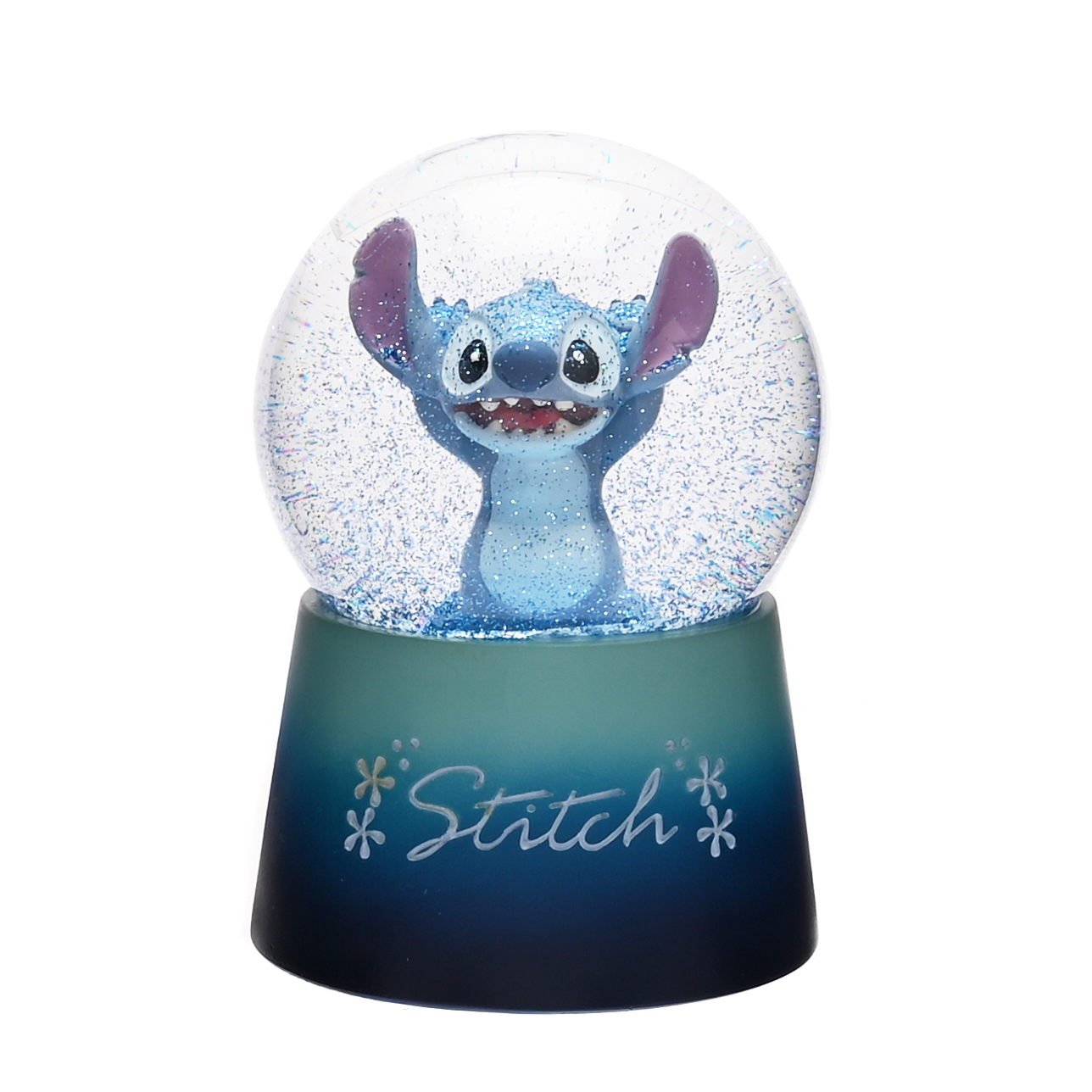 Eine Stitch-Schneekugel mit Glitzer und einer blauen Basis.