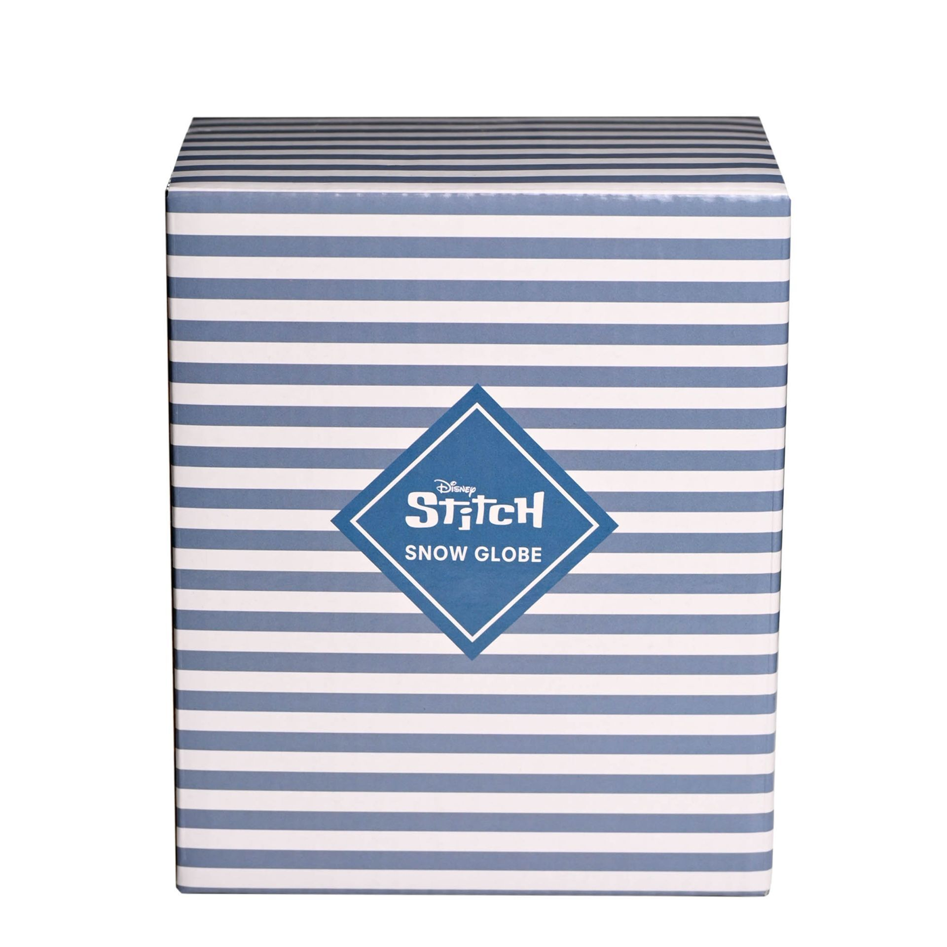Blauer und weiß gestreifte Schachtel mit Stitch-Schneeball-Logo.