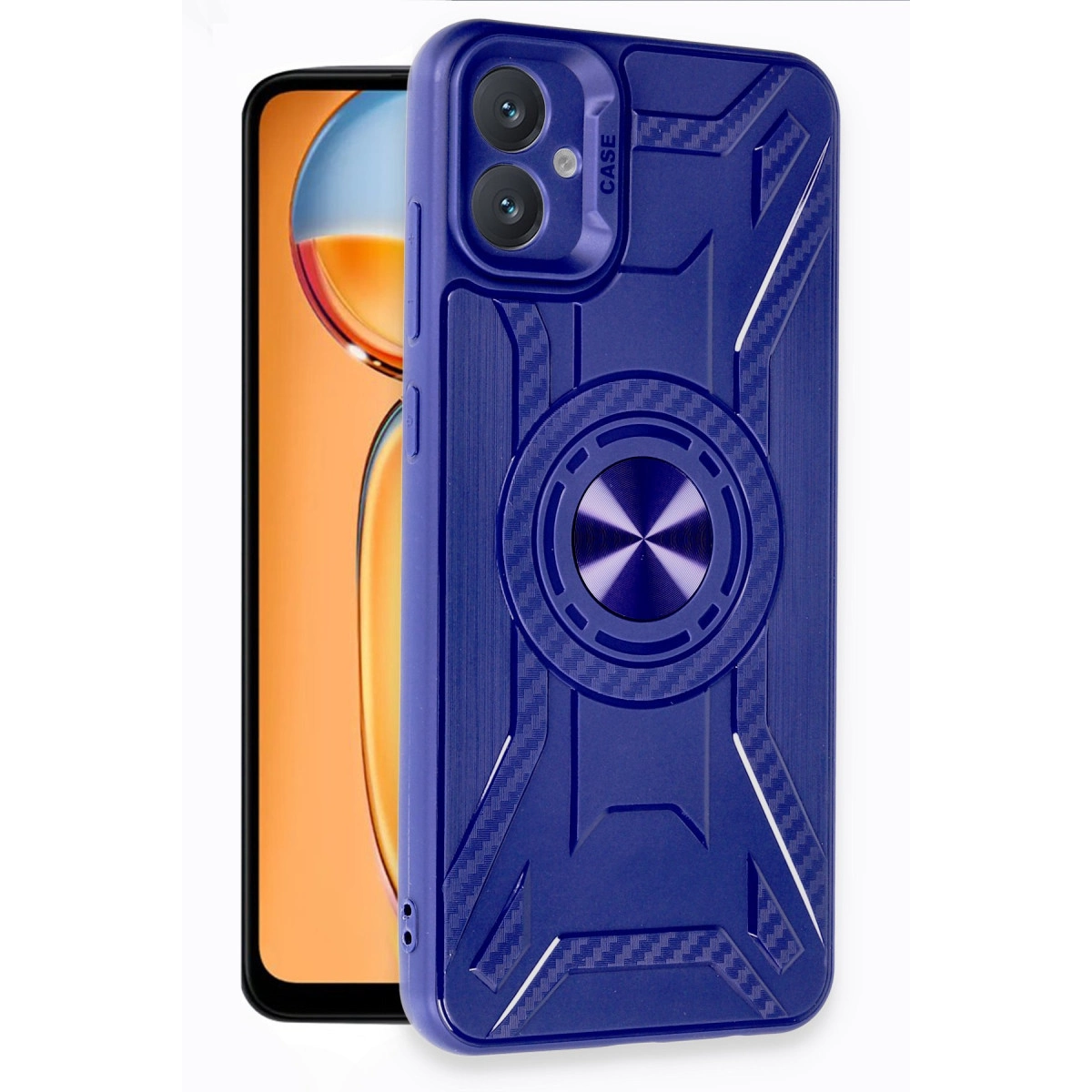 Halka tutuculu ve kamera modüllü mavi telefon kılıfı, akıllı telefonun yanında.