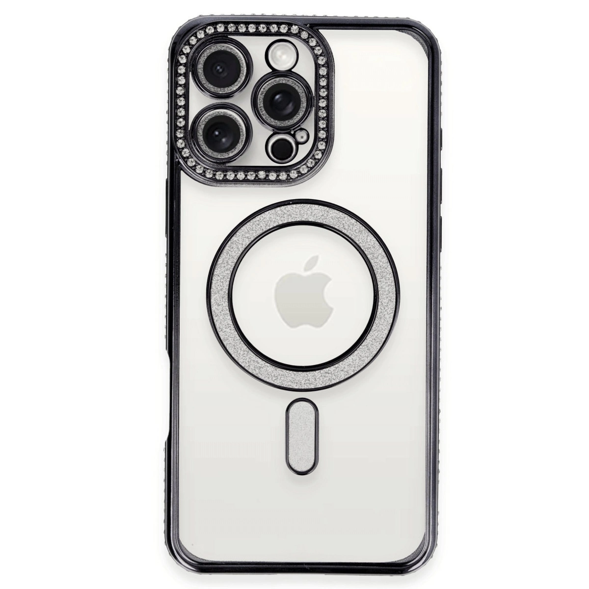 Gümüş kenarlı, kamera dizilimli ve Apple logolu şeffaf iPhone kılıfı.