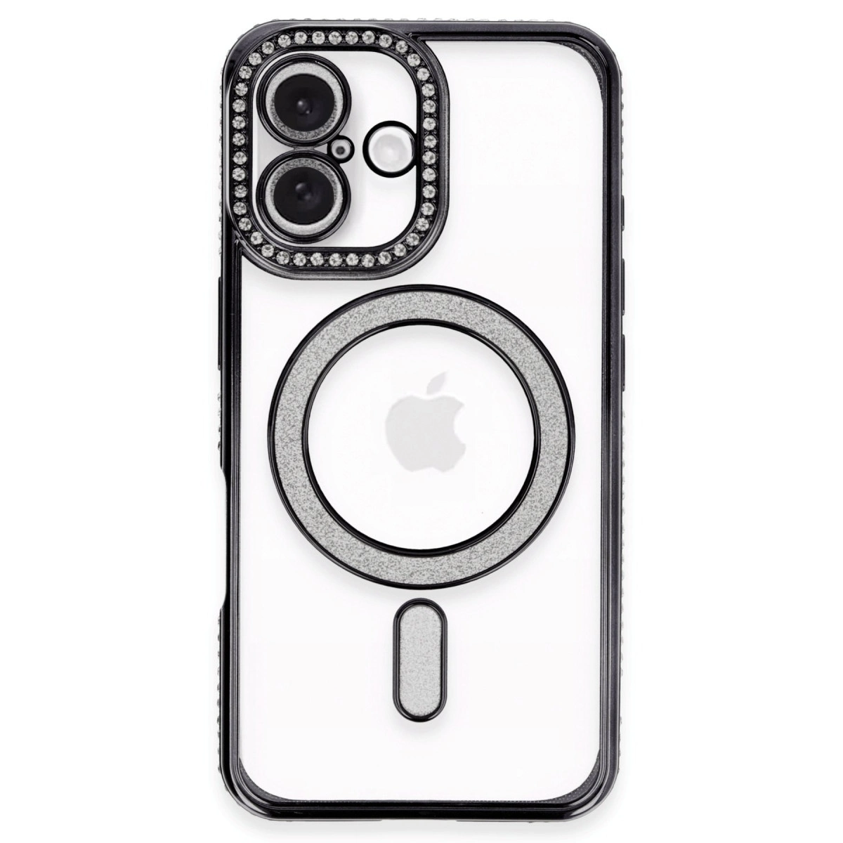 Siyah çerçeveli şeffaf telefon kılıfı, taşlı kamera halkası ve MagSafe logosu.