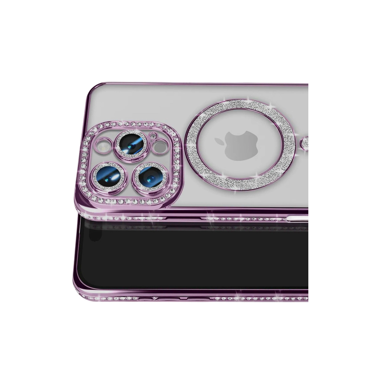 Üç kameralı mor iPhone kılıfı, kristallerle süslenmiş.