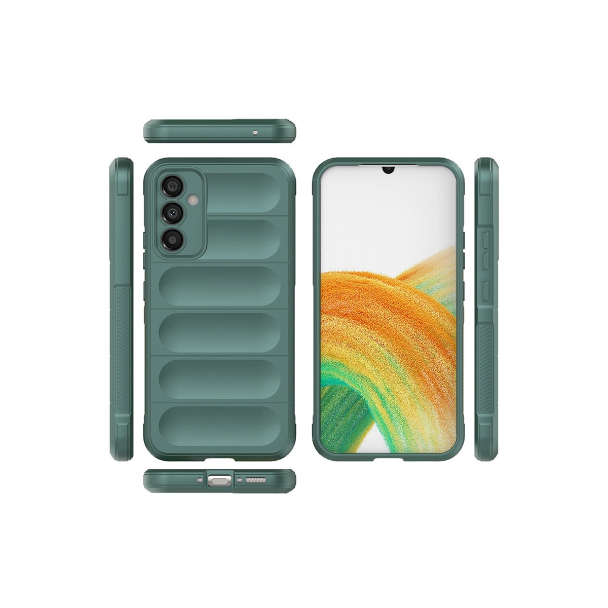 Kamera korumalı yeşil telefon kılıfı ve yan görünümleri.