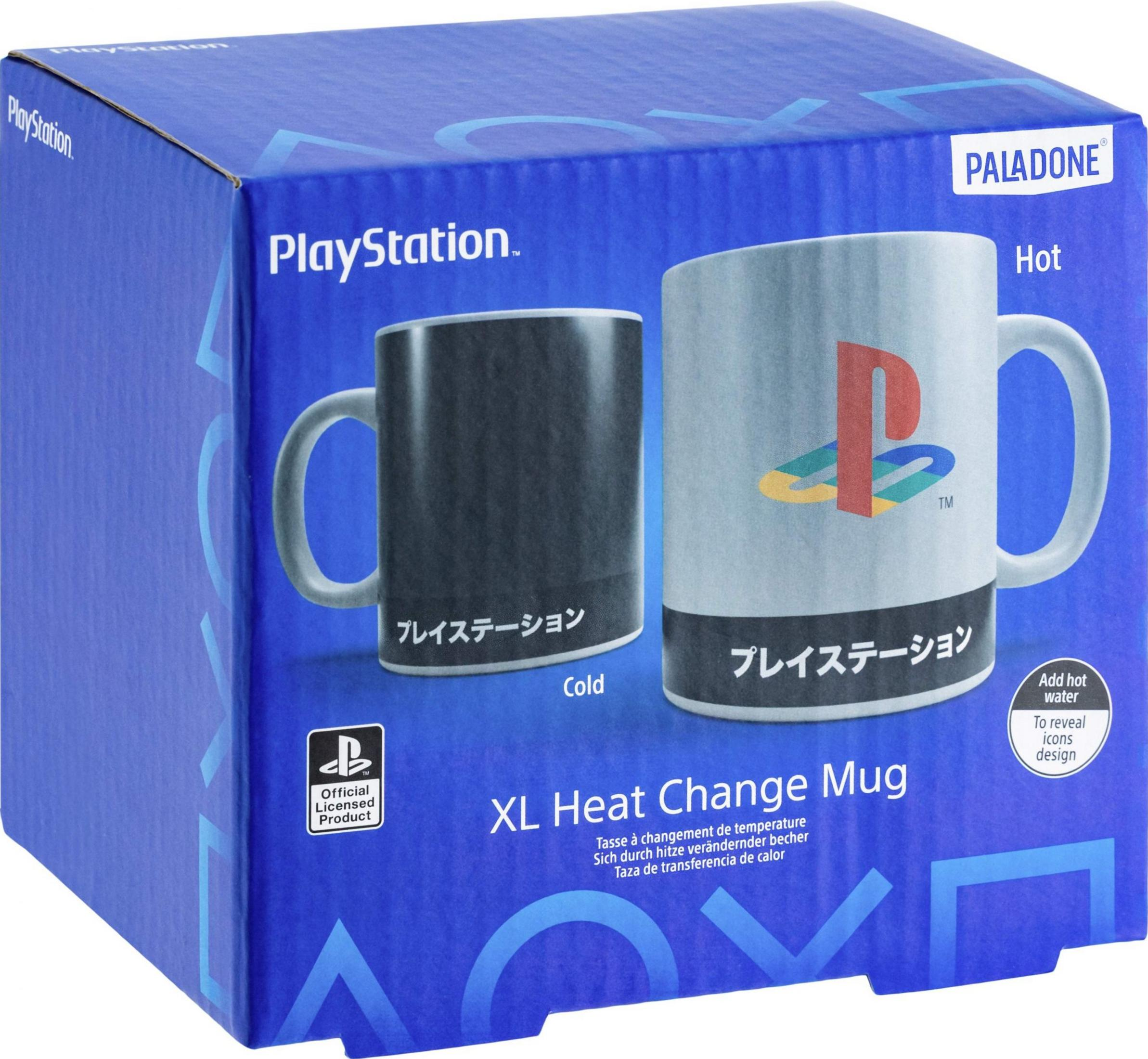 PlayStation-Wärmewechselbecher-Verpackung mit zwei Tassen, eine kalt, eine heiß.