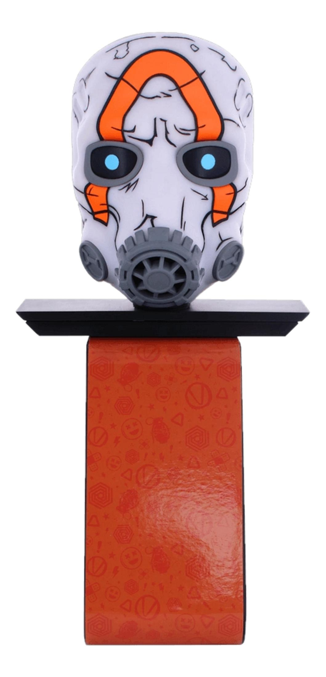 Eine weiße Maske mit blauen Augen, orangefarbenen Akzenten und einem grauen Mundstück.