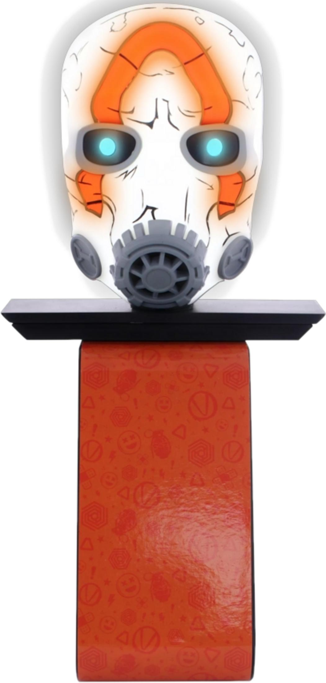 Weiße Maske mit blauen Augen und orangefarbenen Akzenten auf schwarzer Halterung.