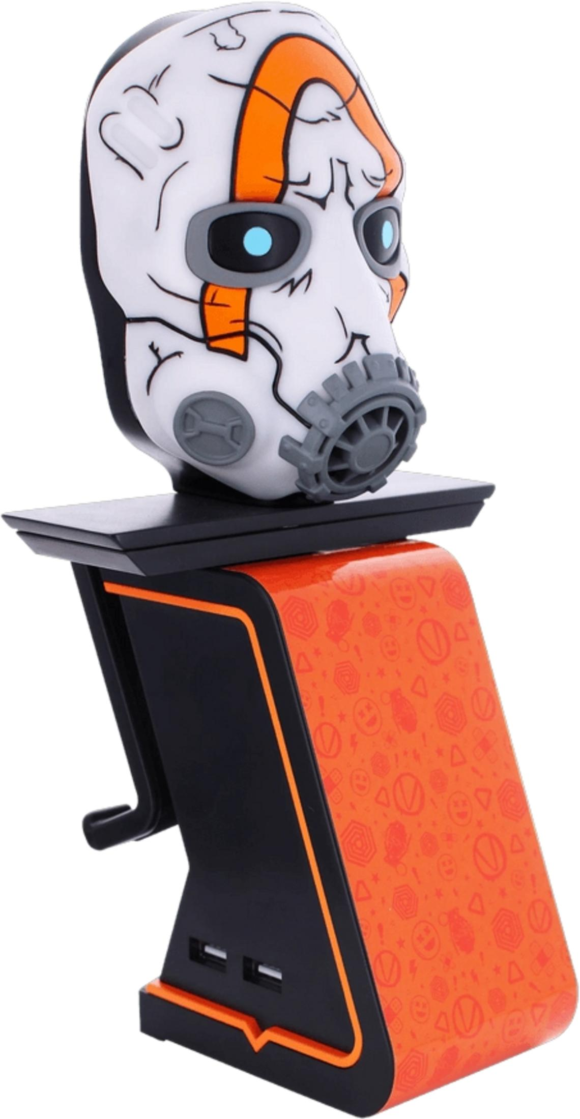 Ein weißer Maskenhalter mit orangefarbenen Akzenten und USB-Anschlüssen.