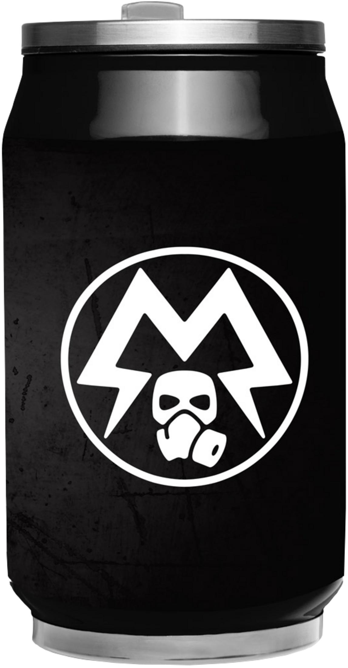 Schwarze Dose mit weißem Logo: M im Kreis über Totenkopf mit Gasmaske.