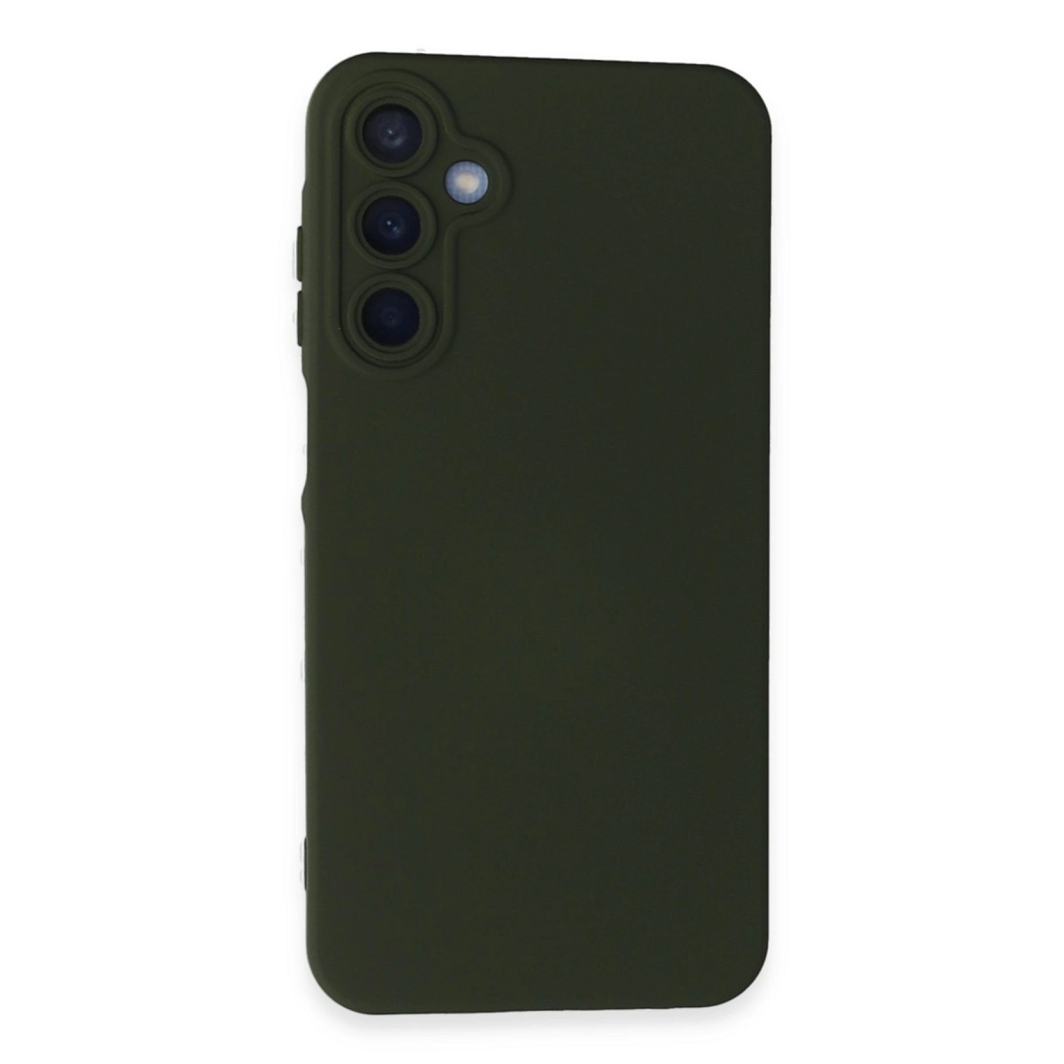 Üç kamera lensli ve flaşlı koyu yeşil telefon kılıfı.
