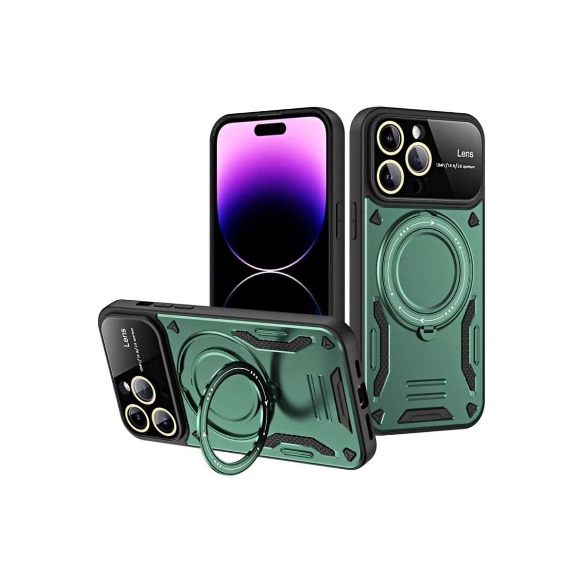 Kamera modüllü ve halka tutuculu yeşil telefon kılıfları.