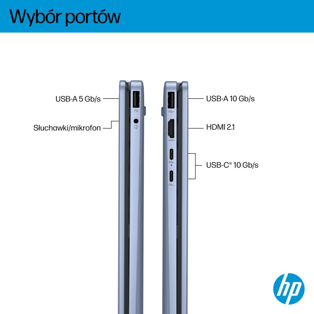 Dwa laptopy pokazujące porty: USB-A, słuchawki/mikrofon, HDMI i USB-C.