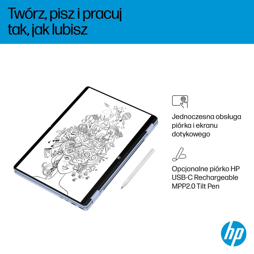 Laptop ze stylusem, przedstawiający kobietę z długimi włosami.