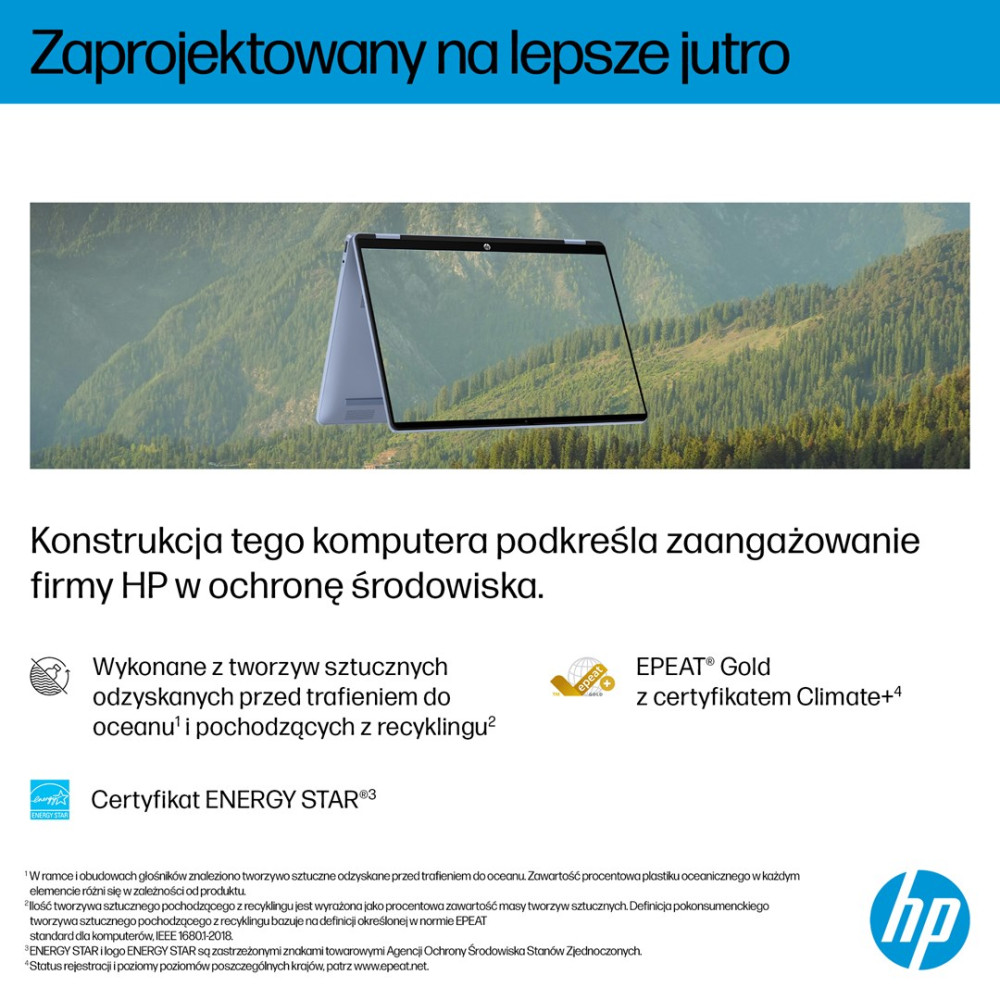 Laptop na tle zalesionego krajobrazu górskiego. Logo HP w prawym dolnym rogu.