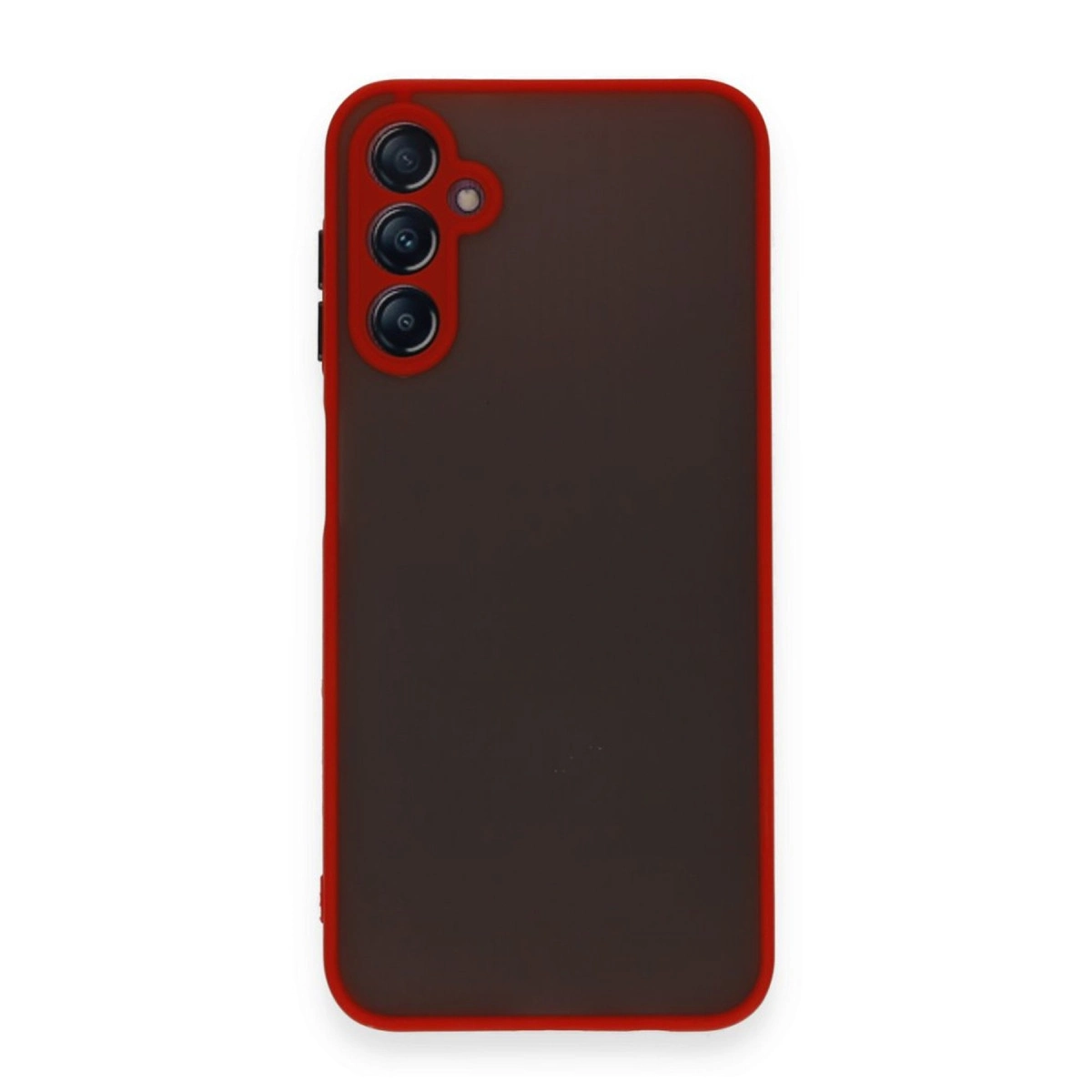 Kamera kesimli, kırmızı kenarlı koyu kahverengi telefon kılıfı.
