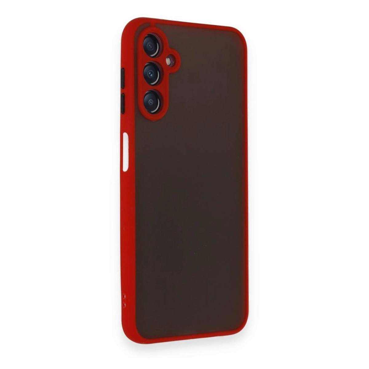 Koyu arka ve üç lensli kırmızı telefon kılıfı.