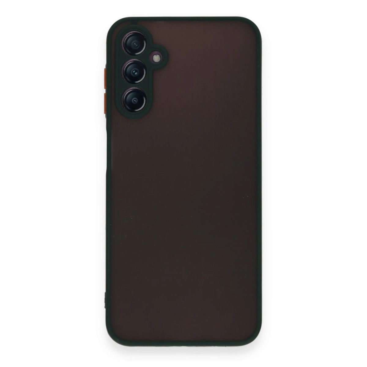 Koyu kahverengi telefon, arkada üç kamera ve koyu çerçeve. Beyaz üzerinde.