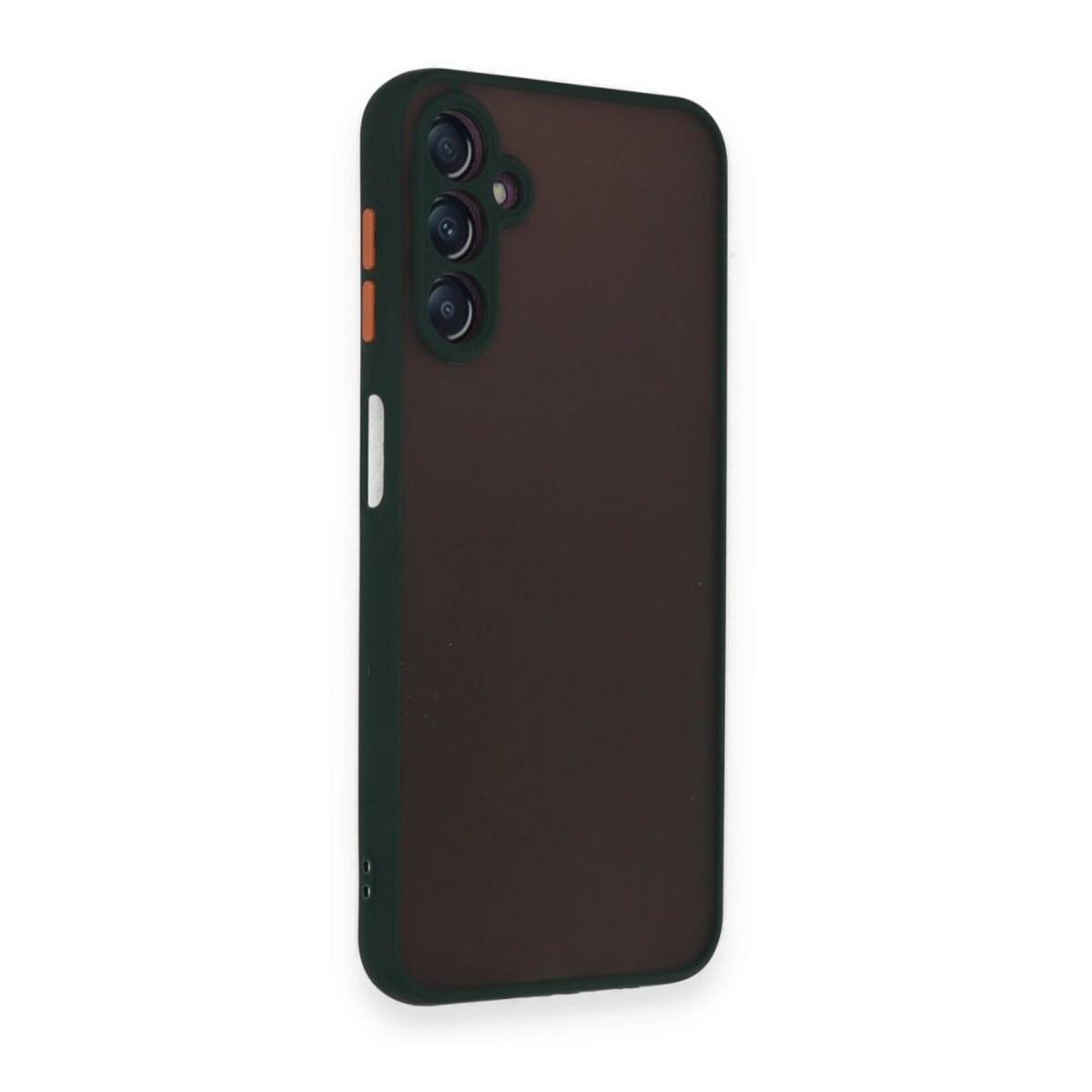 Koyu kahverengi telefon kılıfı, koyu çerçeveli ve üç kamera lensli.