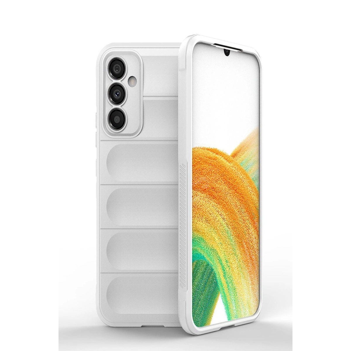 Renkli çizgili ekrana sahip bir telefonda beyaz telefon kılıfı.
