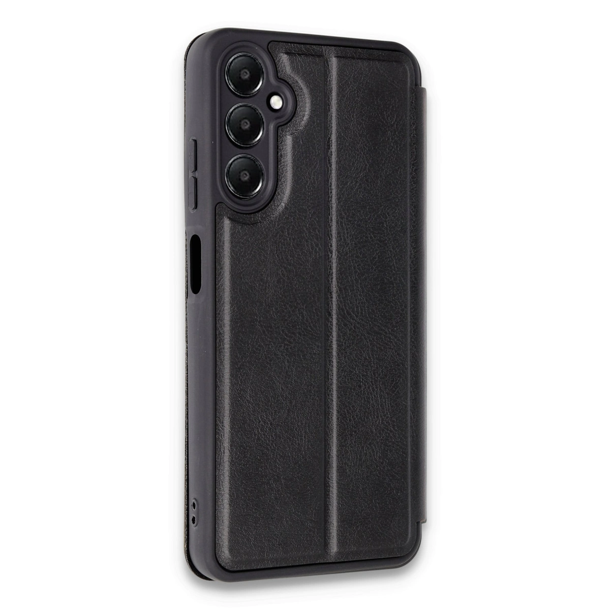 Üç kamera lensli ve kapaklı siyah telefon kılıfı.