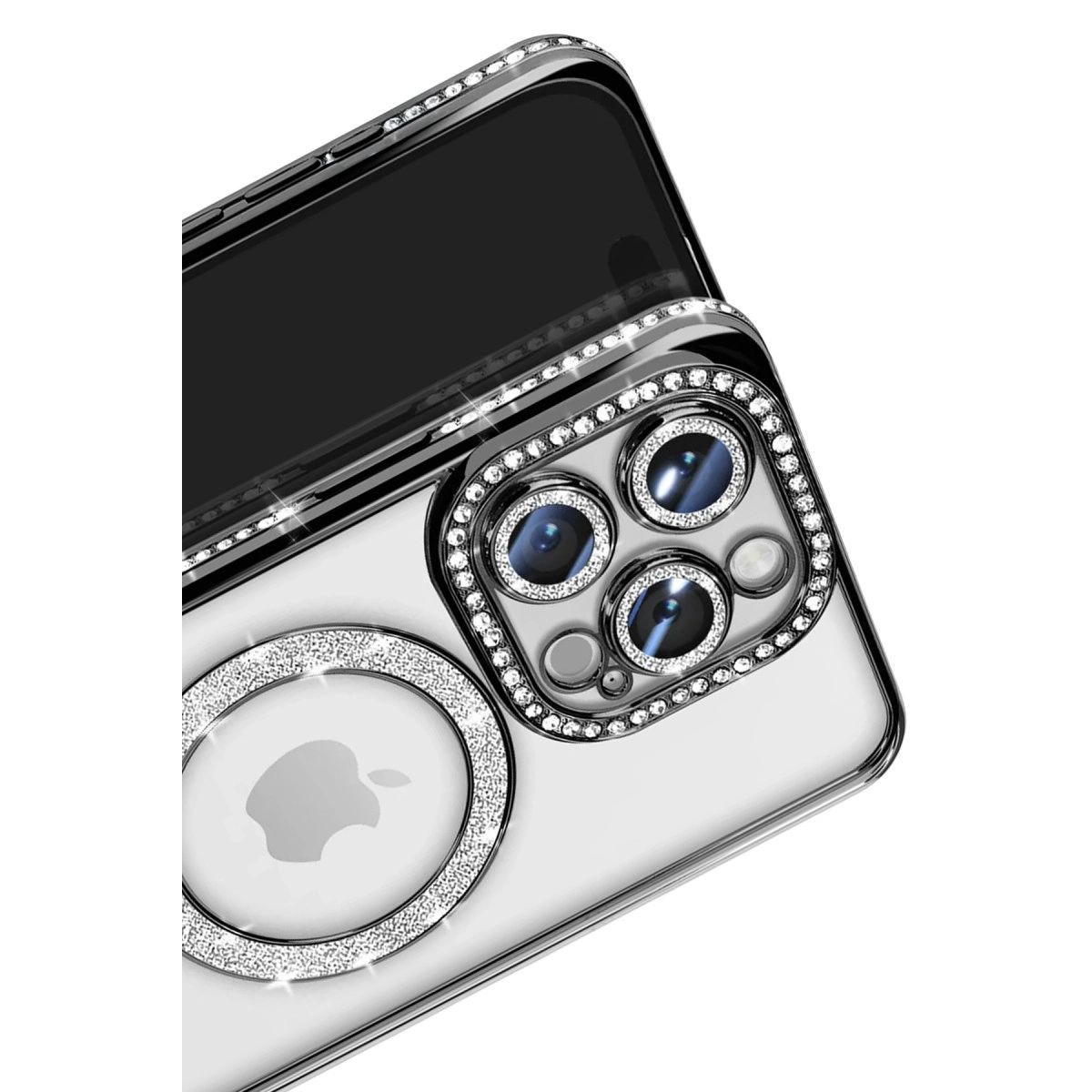 Gümüş aksesuarlar ve kristallerle süslenmiş şeffaf telefon kılıfı.