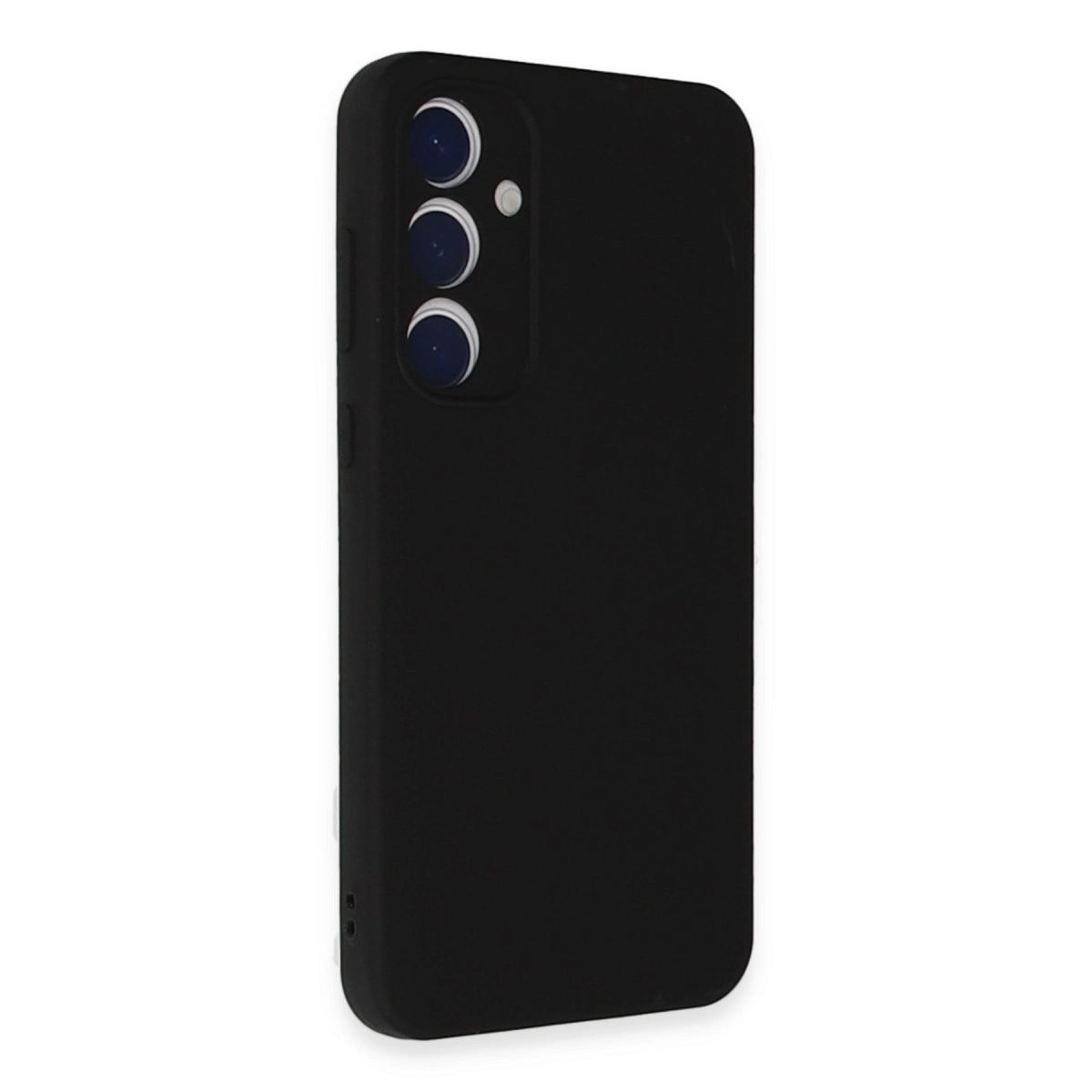 Arkada üç kamera ve flaşı olan siyah telefon.