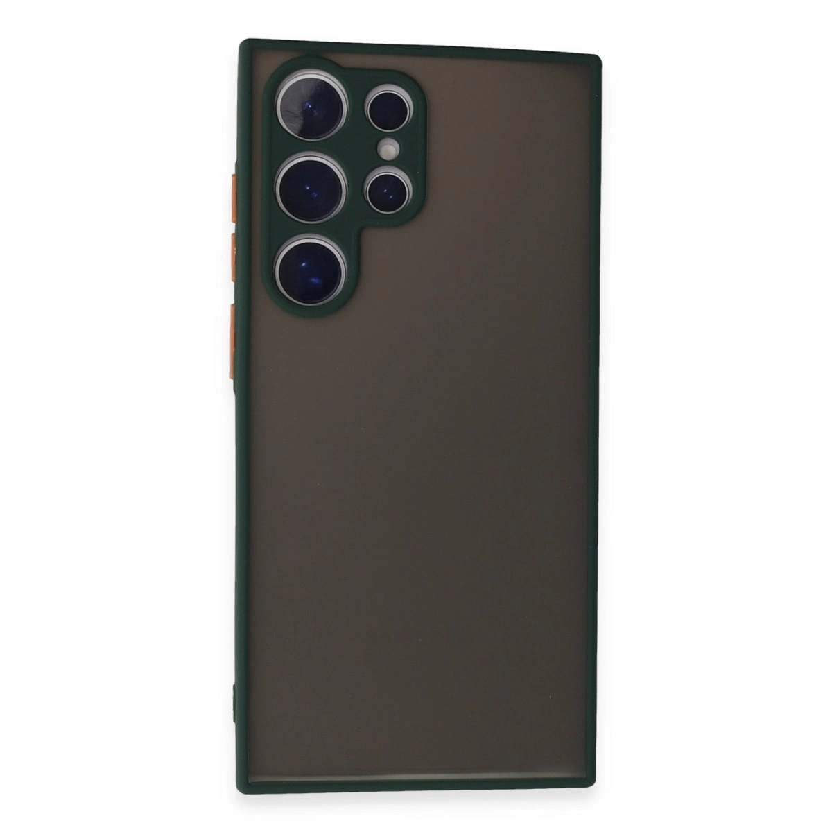 Belirgin koyu yeşil kamera yuvası ve lenslere sahip koyu gri telefon kılıfı.