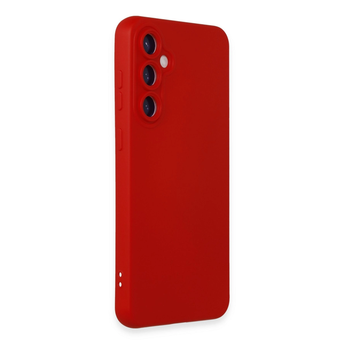 Üç kamera lensli ve yan düğmeli kırmızı telefon kılıfı.