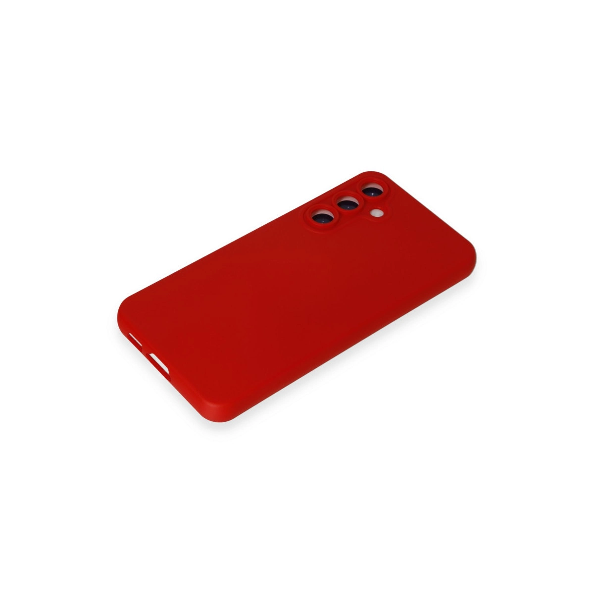 Beyaz arka plan üzerinde üç kamera lens açıklığına sahip kırmızı telefon kılıfı.