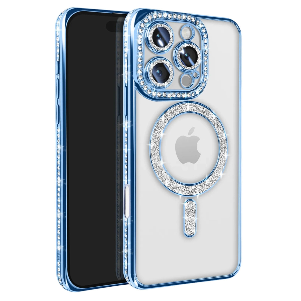 NEWFACE iPhone 16 Pro Max Uyumlu Joke Simli Magneticsafe Telefon Kılıfı Mavi