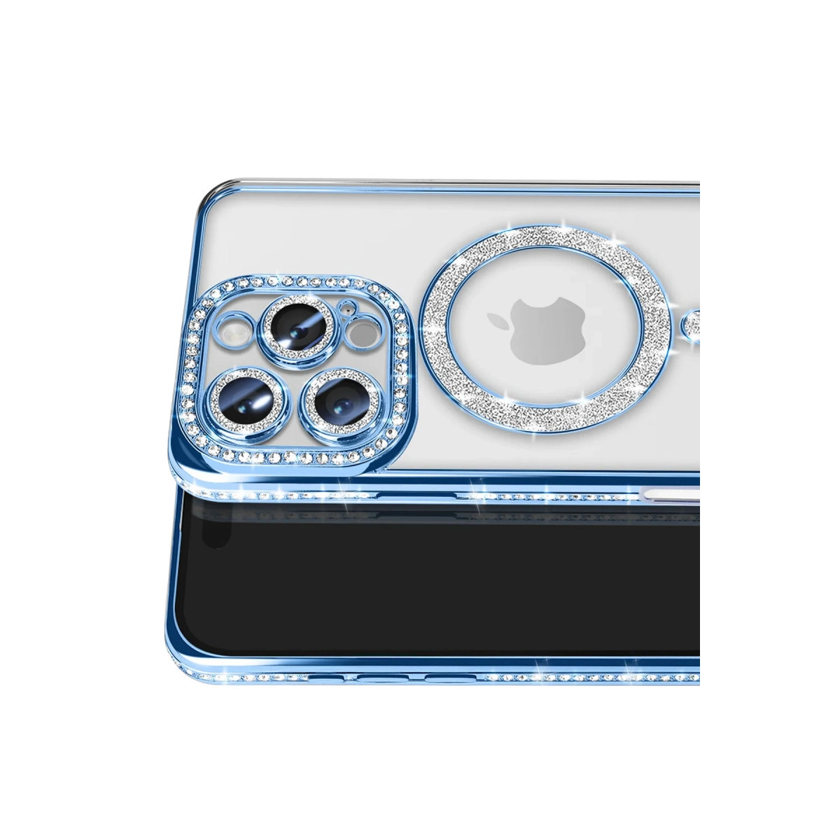 Üç kamera ve Apple logosu çevresinde taşlarla süslenmiş mavi telefon kılıfı.