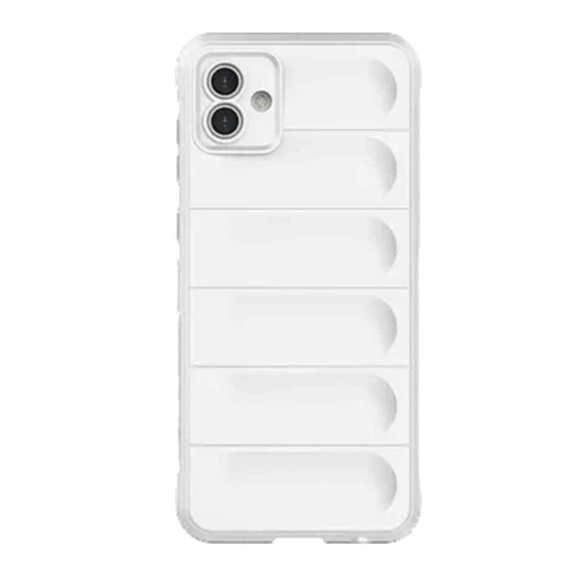 Yatay çıkıntılı ve üstte kamera kesimli beyaz telefon kılıfı.