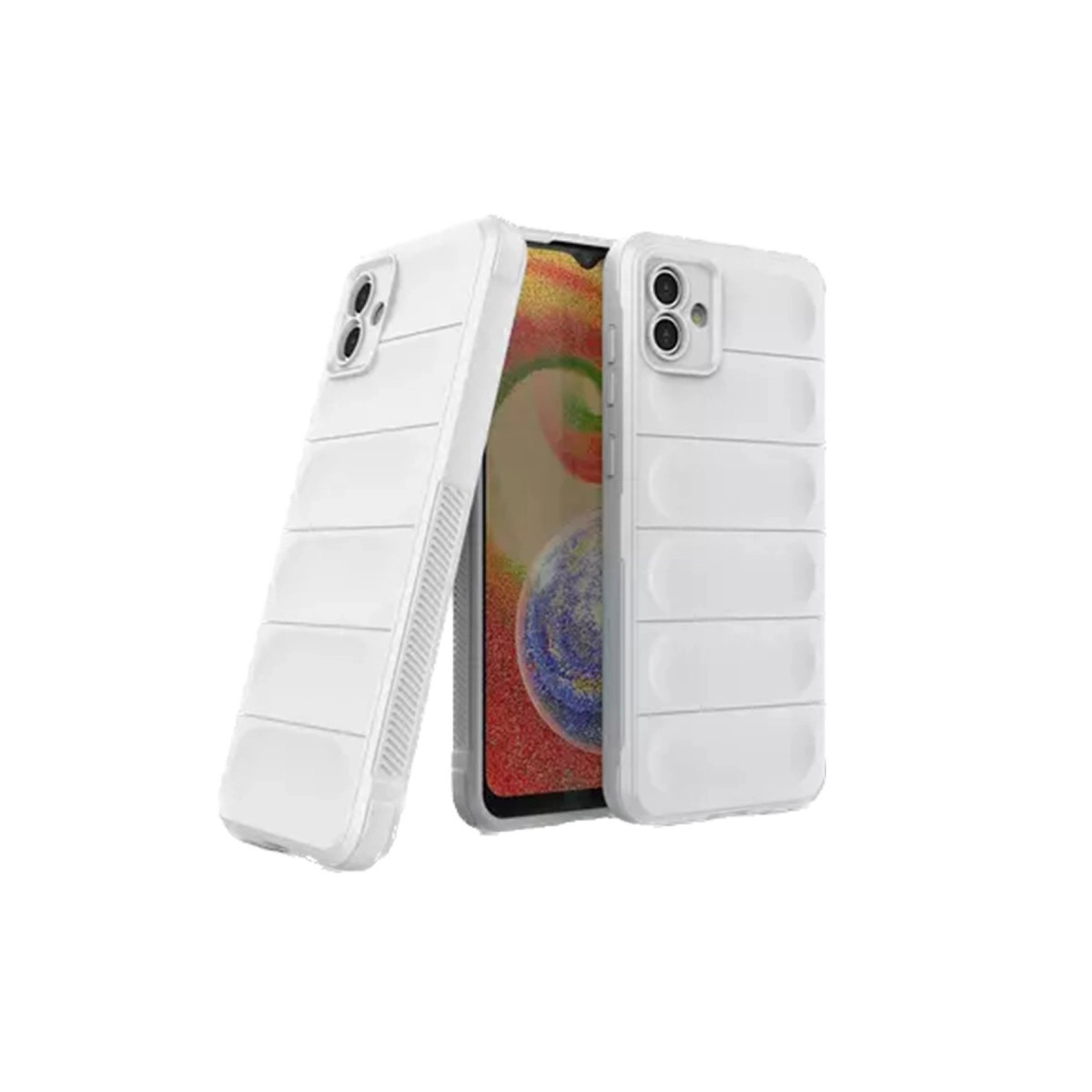 Yatay çıkıntılı iki beyaz telefon kılıfı bir akıllı telefonun önünde.