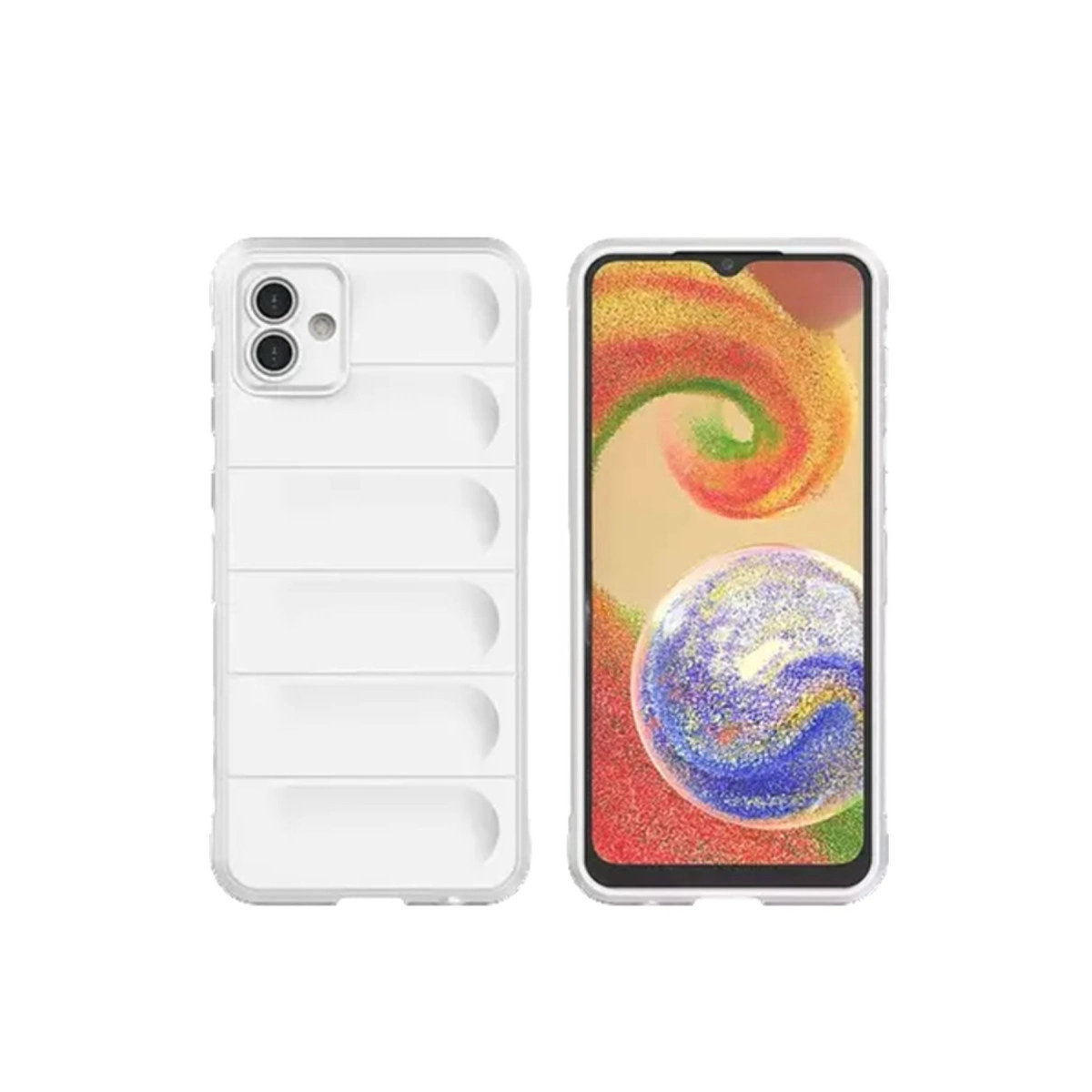 Yatay çıkıntılı beyaz telefon kılıfı akıllı telefonun yanında.