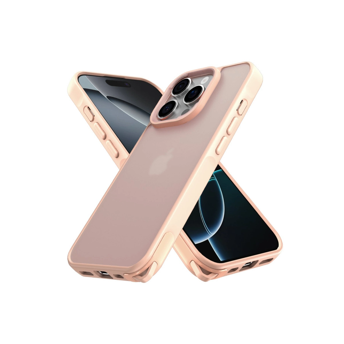 Kamera çıkıntılı iki gül altın rengi telefon kılıfı, üst üste binmiş.