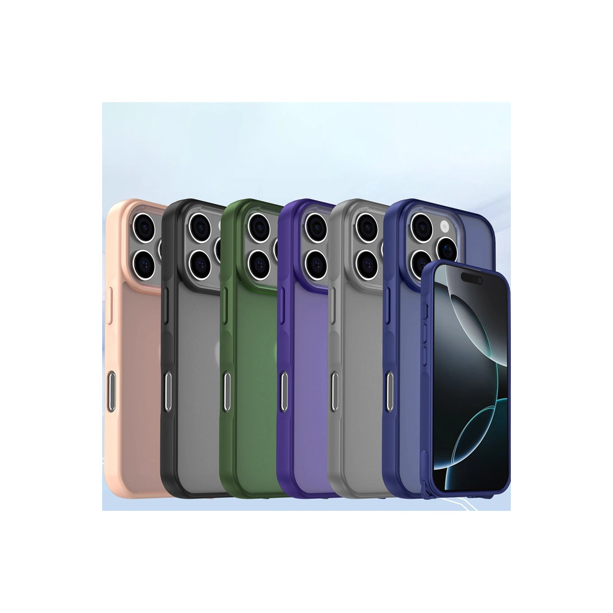 Pembe, siyah, yeşil, mor, gri ve mavi renkte altı telefon kılıfı. Önde bir telefon.